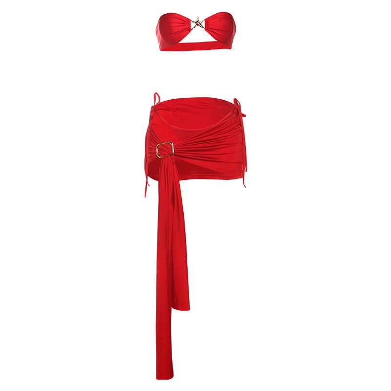 Red Hot Ruched Two-Piece Set: Strapless Bandeau Top & Dramatic Tie Mini Skirt - Your Holiday & Party Statement