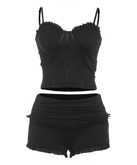 Sultry Ruffle Cami & High-Waist Shorts Lounge Set - Chic Fall Comfort