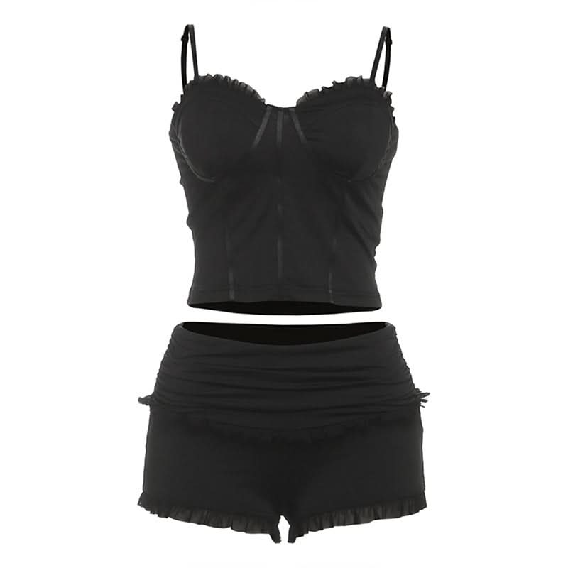 Sultry Ruffle Cami & High-Waist Shorts Lounge Set - Chic Fall Comfort