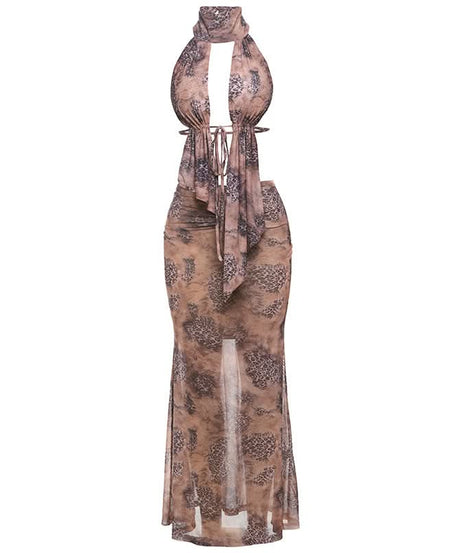 Sultry Leopard Mesh Halter Maxi Skirt Set - Your Fall Getaway Statement Piece