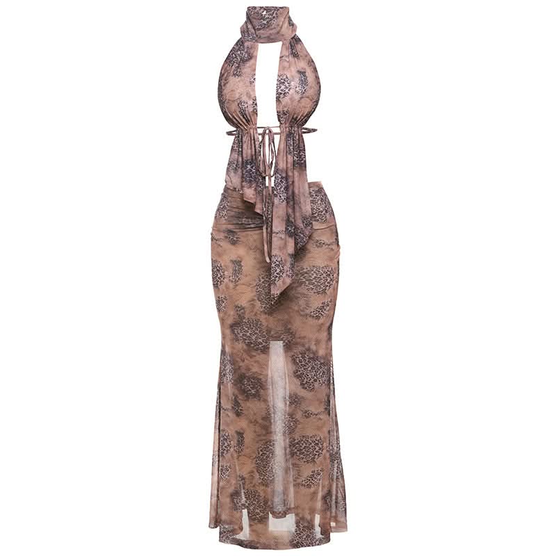 Sultry Leopard Mesh Halter Maxi Skirt Set - Your Fall Getaway Statement Piece