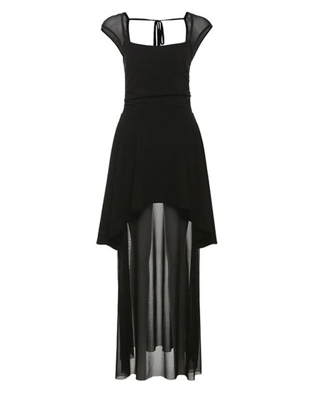 Dramatic Black High-Low Mesh Maxi Dress - Chic Square Neck & Tie Back for Fall & Holiday Soirées