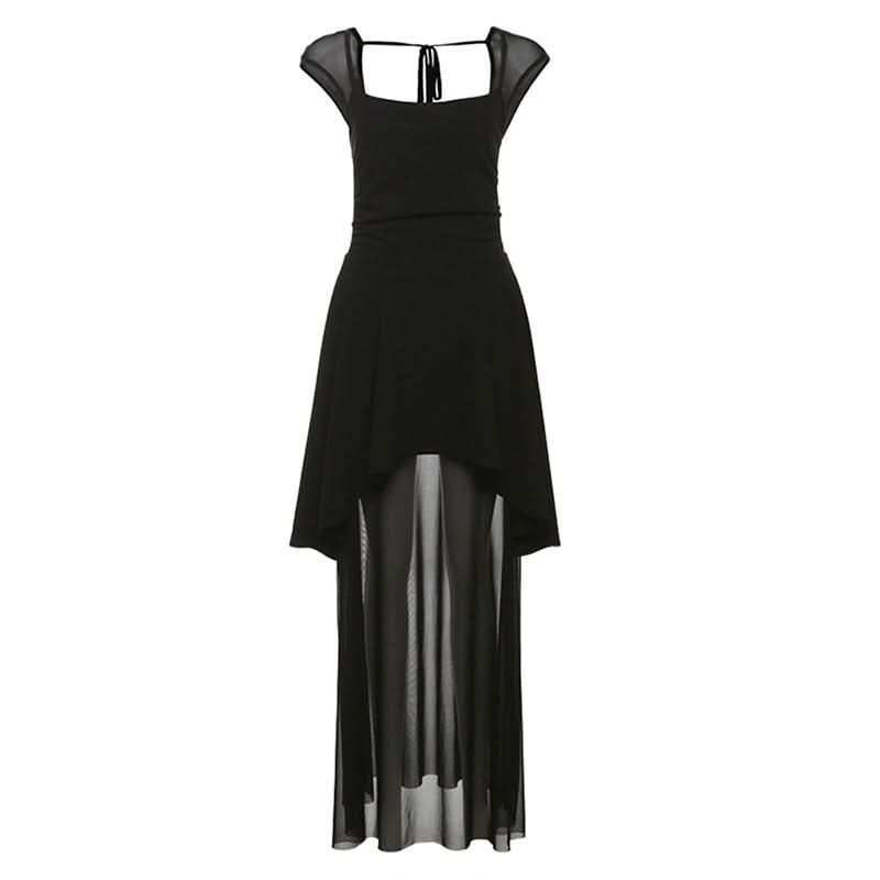 Dramatic Black High-Low Mesh Maxi Dress - Chic Square Neck & Tie Back for Fall & Holiday Soirées