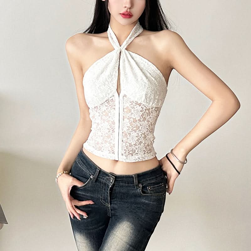 Chic White Lace Halter Crop Top | Y2K Zipper Front for Fall Style
