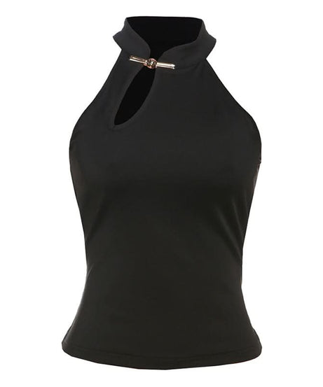 Effortless Chic: Black Halter Neck Keyhole Top with Gold Clasp - Your Fall & Holiday Event Essential