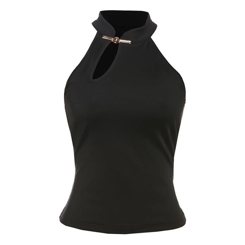 Effortless Chic: Black Halter Neck Keyhole Top with Gold Clasp - Your Fall & Holiday Event Essential