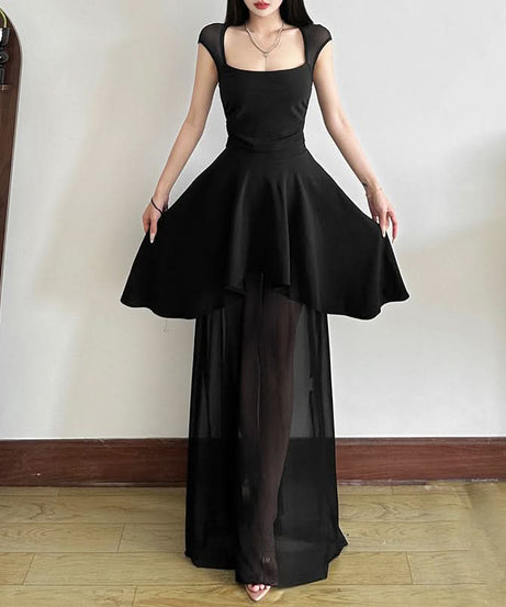 Dramatic Black High-Low Mesh Maxi Dress - Chic Square Neck & Tie Back for Fall & Holiday Soirées
