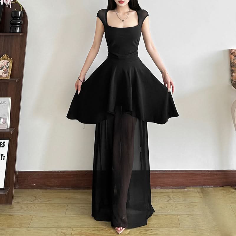 Dramatic Black High-Low Mesh Maxi Dress - Chic Square Neck & Tie Back for Fall & Holiday Soirées