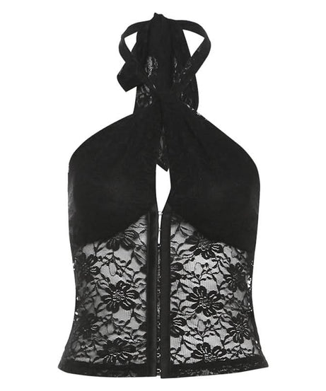 Chic White Lace Halter Crop Top | Y2K Zipper Front for Fall Style