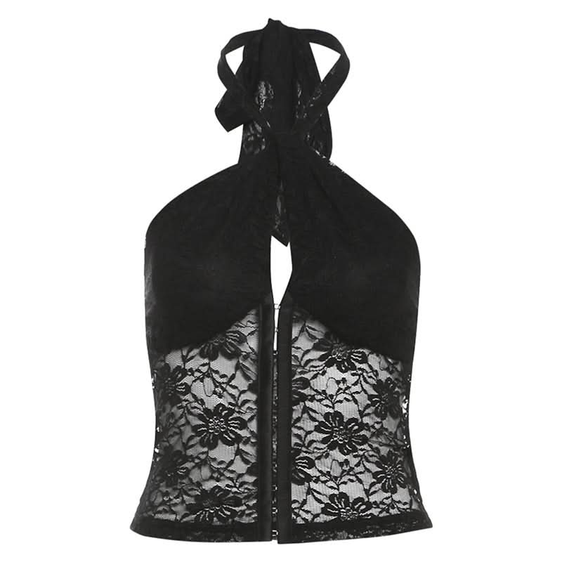 Chic White Lace Halter Crop Top | Y2K Zipper Front for Fall Style