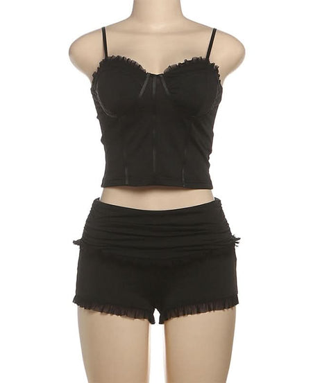 Sultry Ruffle Cami & High-Waist Shorts Lounge Set - Chic Fall Comfort