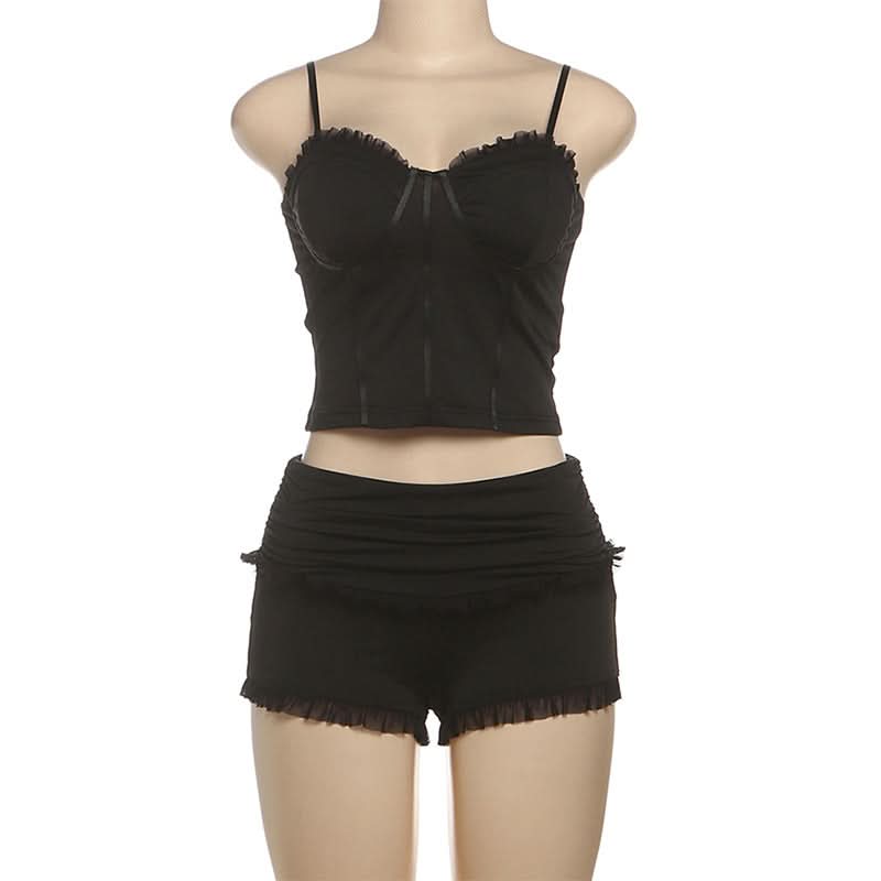 Sultry Ruffle Cami & High-Waist Shorts Lounge Set - Chic Fall Comfort