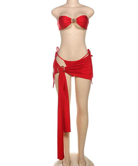 Red Hot Ruched Two-Piece Set: Strapless Bandeau Top & Dramatic Tie Mini Skirt - Your Holiday & Party Statement