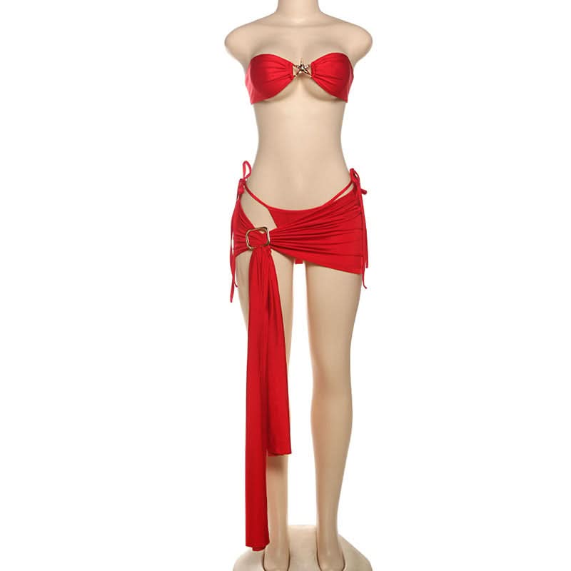 Red Hot Ruched Two-Piece Set: Strapless Bandeau Top & Dramatic Tie Mini Skirt - Your Holiday & Party Statement