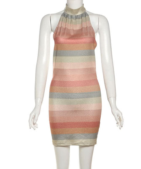 Shimmering Sunset Stripe Halter Mini Dress - Your Fall & Holiday Party Statement