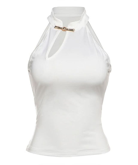 Effortless Chic: Black Halter Neck Keyhole Top with Gold Clasp - Your Fall & Holiday Event Essential