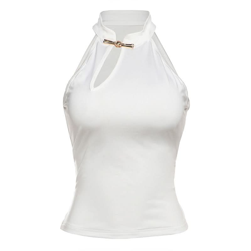 Effortless Chic: Black Halter Neck Keyhole Top with Gold Clasp - Your Fall & Holiday Event Essential