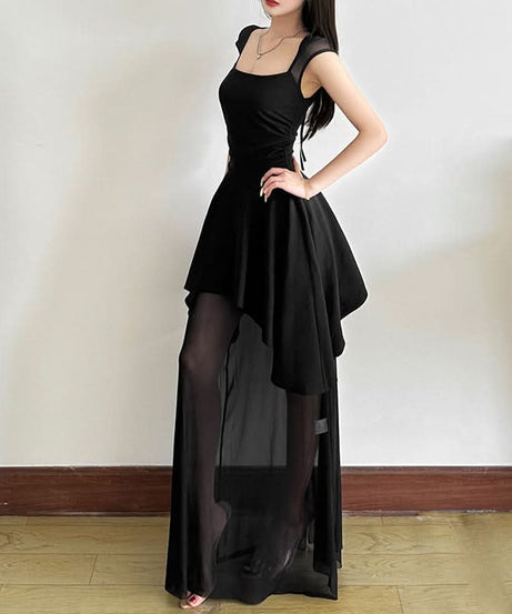Dramatic Black High-Low Mesh Maxi Dress - Chic Square Neck & Tie Back for Fall & Holiday Soirées