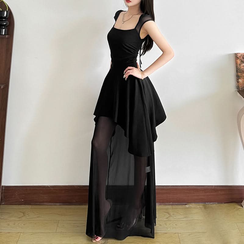 Dramatic Black High-Low Mesh Maxi Dress - Chic Square Neck & Tie Back for Fall & Holiday Soirées