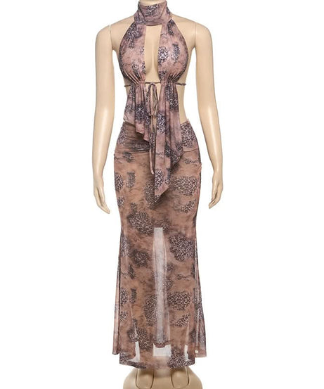 Sultry Leopard Mesh Halter Maxi Skirt Set - Your Fall Getaway Statement Piece