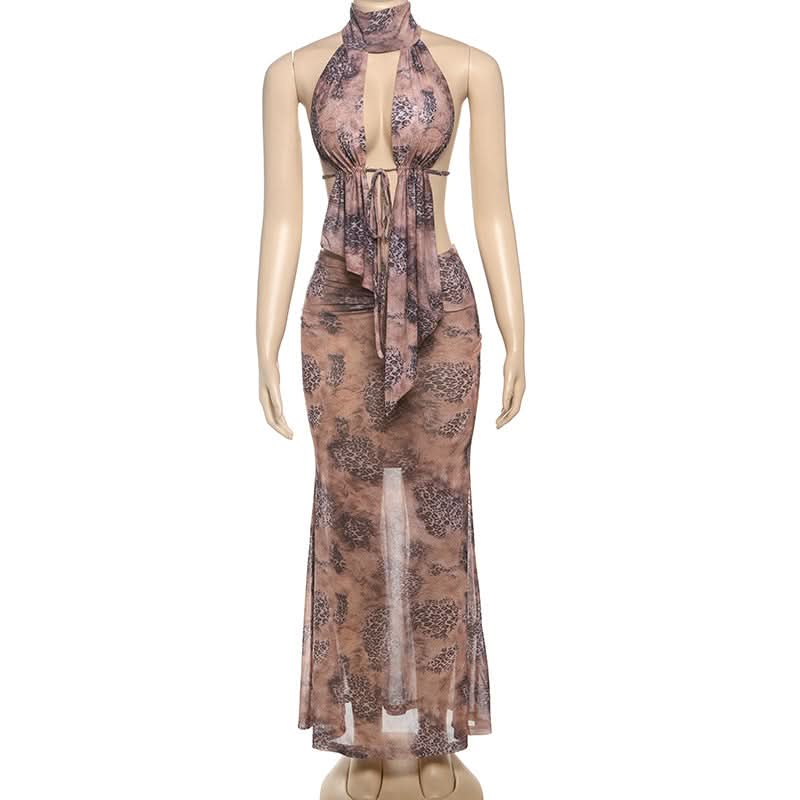 Sultry Leopard Mesh Halter Maxi Skirt Set - Your Fall Getaway Statement Piece