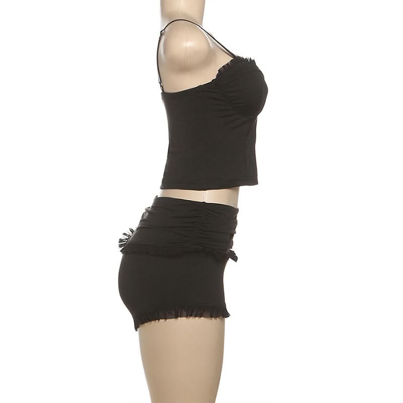 Sultry Ruffle Cami & High-Waist Shorts Lounge Set - Chic Fall Comfort