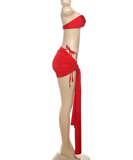 Red Hot Ruched Two-Piece Set: Strapless Bandeau Top & Dramatic Tie Mini Skirt - Your Holiday & Party Statement
