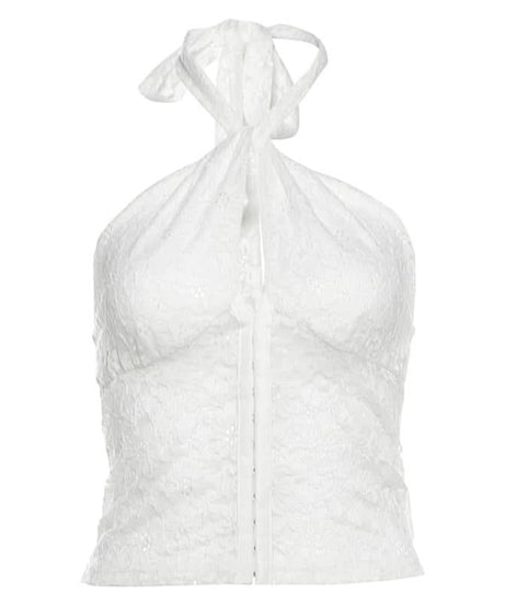 Chic White Lace Halter Crop Top | Y2K Zipper Front for Fall Style