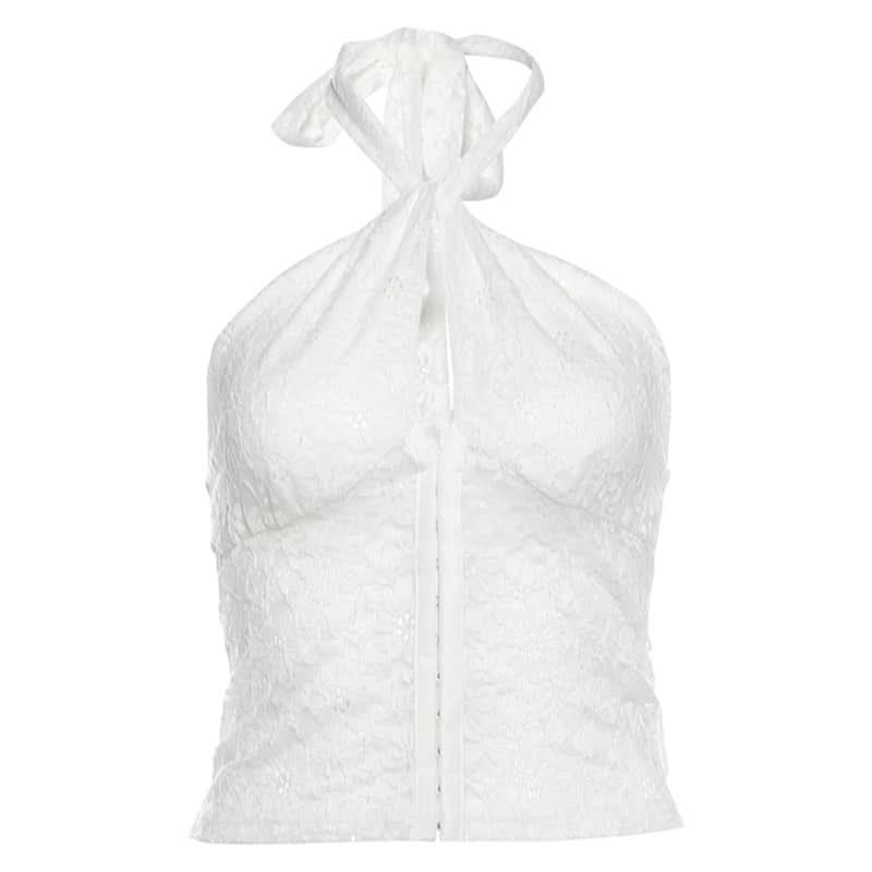 Chic White Lace Halter Crop Top | Y2K Zipper Front for Fall Style