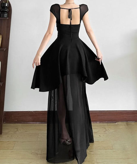 Dramatic Black High-Low Mesh Maxi Dress - Chic Square Neck & Tie Back for Fall & Holiday Soirées