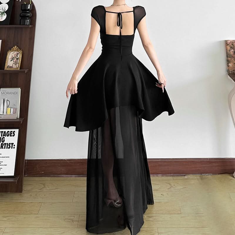 Dramatic Black High-Low Mesh Maxi Dress - Chic Square Neck & Tie Back for Fall & Holiday Soirées