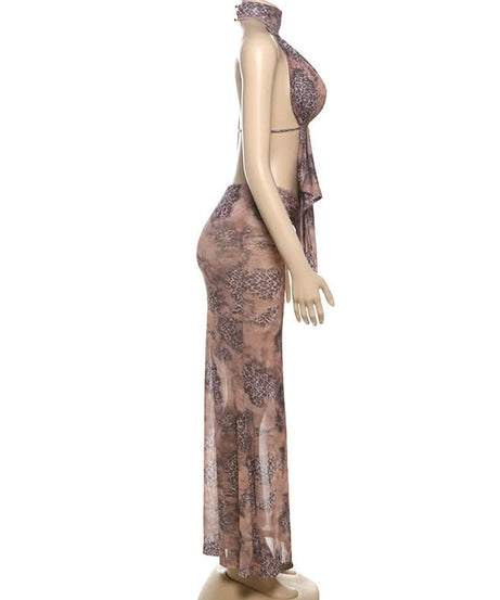 Sultry Leopard Mesh Halter Maxi Skirt Set - Your Fall Getaway Statement Piece
