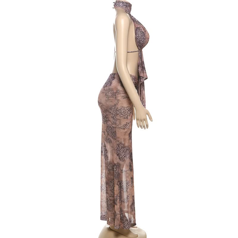 Sultry Leopard Mesh Halter Maxi Skirt Set - Your Fall Getaway Statement Piece