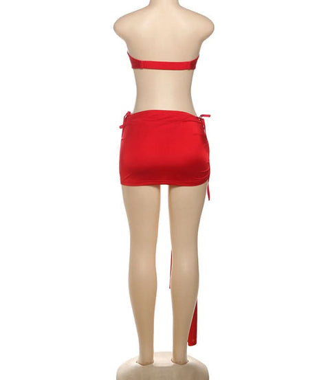 Red Hot Ruched Two-Piece Set: Strapless Bandeau Top & Dramatic Tie Mini Skirt - Your Holiday & Party Statement