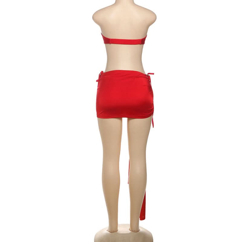 Red Hot Ruched Two-Piece Set: Strapless Bandeau Top & Dramatic Tie Mini Skirt - Your Holiday & Party Statement