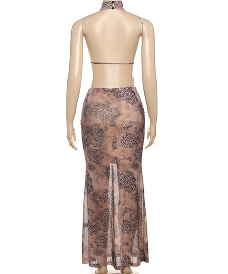 Sultry Leopard Mesh Halter Maxi Skirt Set - Your Fall Getaway Statement Piece