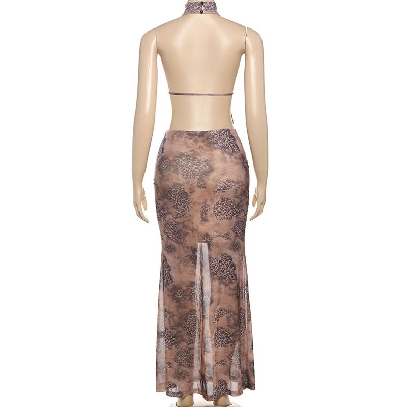 Sultry Leopard Mesh Halter Maxi Skirt Set - Your Fall Getaway Statement Piece
