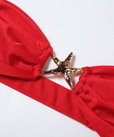 Red Hot Ruched Two-Piece Set: Strapless Bandeau Top & Dramatic Tie Mini Skirt - Your Holiday & Party Statement