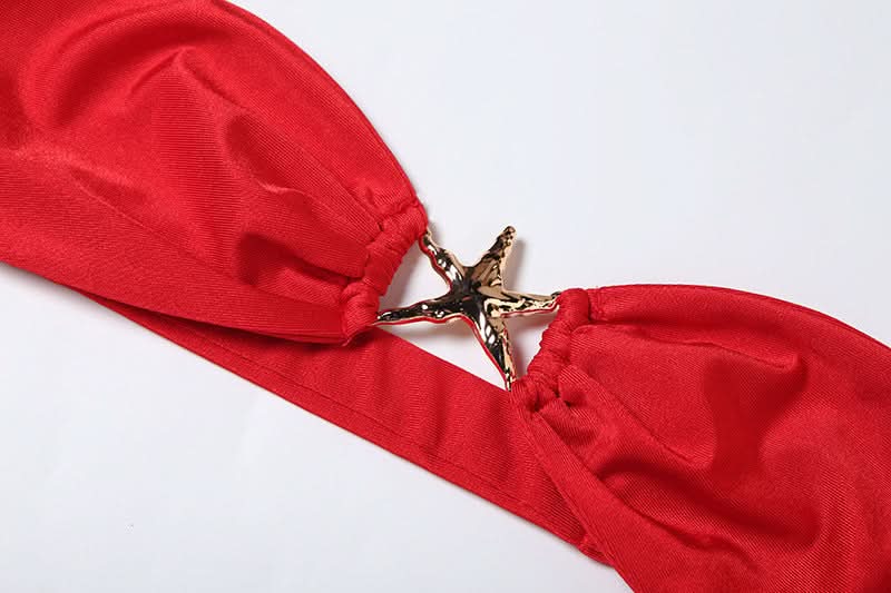 Red Hot Ruched Two-Piece Set: Strapless Bandeau Top & Dramatic Tie Mini Skirt - Your Holiday & Party Statement