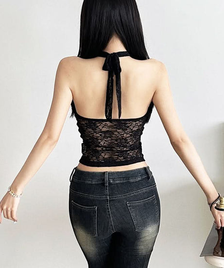 Chic White Lace Halter Crop Top | Y2K Zipper Front for Fall Style