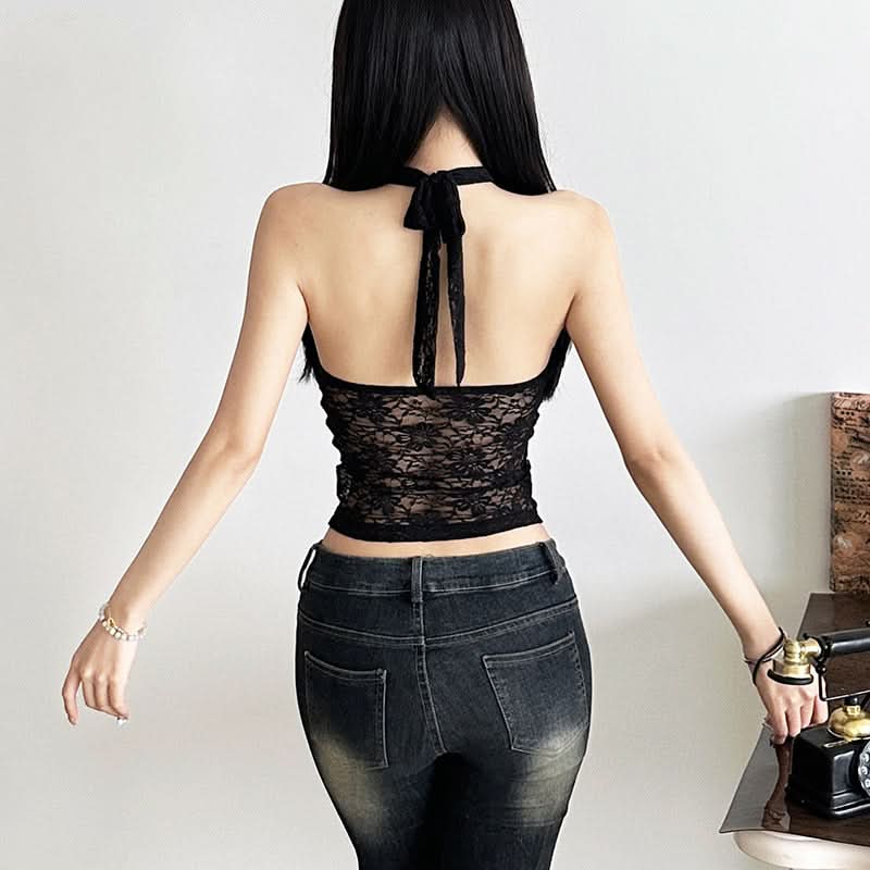 Chic White Lace Halter Crop Top | Y2K Zipper Front for Fall Style