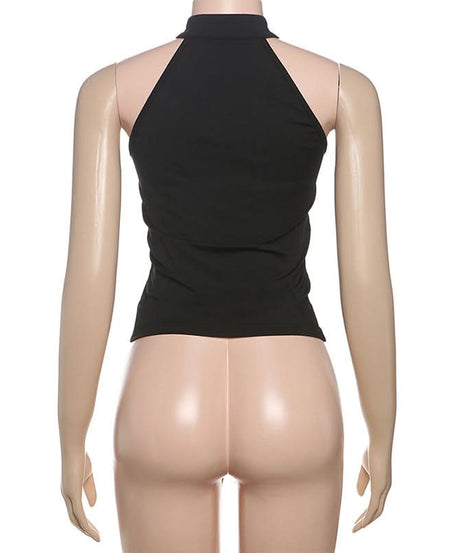 Effortless Chic: Black Halter Neck Keyhole Top with Gold Clasp - Your Fall & Holiday Event Essential