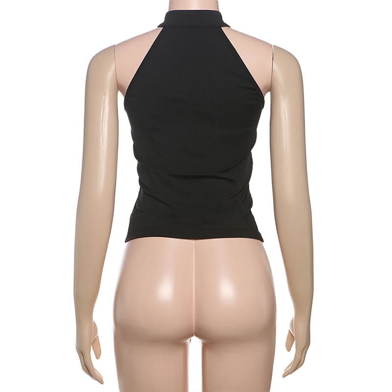 Effortless Chic: Black Halter Neck Keyhole Top with Gold Clasp - Your Fall & Holiday Event Essential