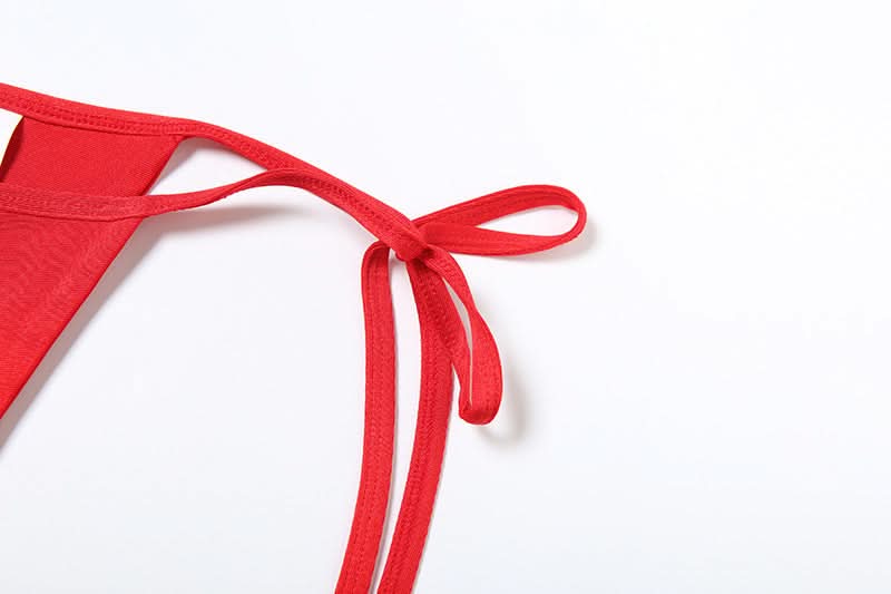 Red Hot Ruched Two-Piece Set: Strapless Bandeau Top & Dramatic Tie Mini Skirt - Your Holiday & Party Statement