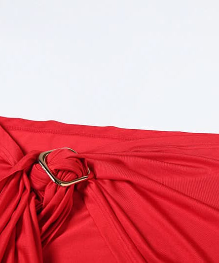 Red Hot Ruched Two-Piece Set: Strapless Bandeau Top & Dramatic Tie Mini Skirt - Your Holiday & Party Statement