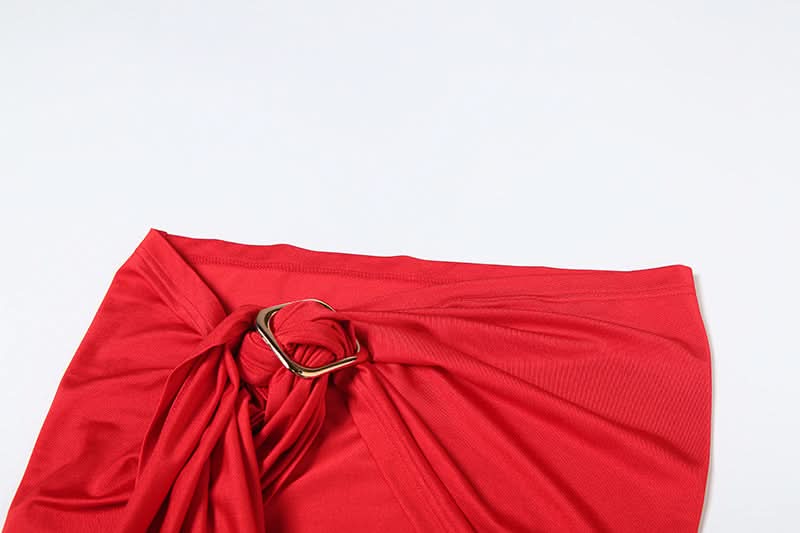 Red Hot Ruched Two-Piece Set: Strapless Bandeau Top & Dramatic Tie Mini Skirt - Your Holiday & Party Statement