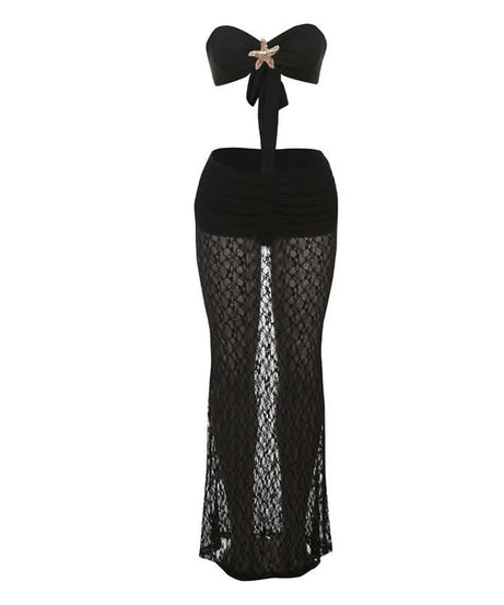 Chic Starfish Charm Black Lace Two-Piece Set: Strapless Bandeau & Sheer Maxi Skirt for Your Winter Sun Escape