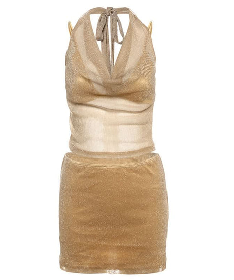 Sparkle & Shine: Golden Halter Cowl Neck Mini Skirt Set - Fall & Holiday Party Ready