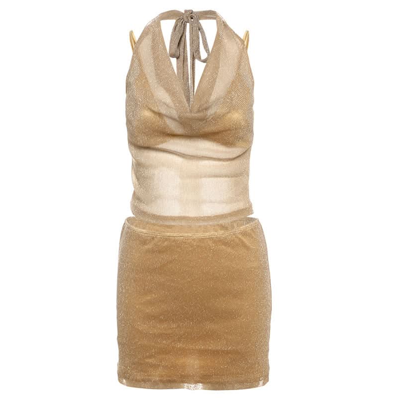 Sparkle & Shine: Golden Halter Cowl Neck Mini Skirt Set - Fall & Holiday Party Ready