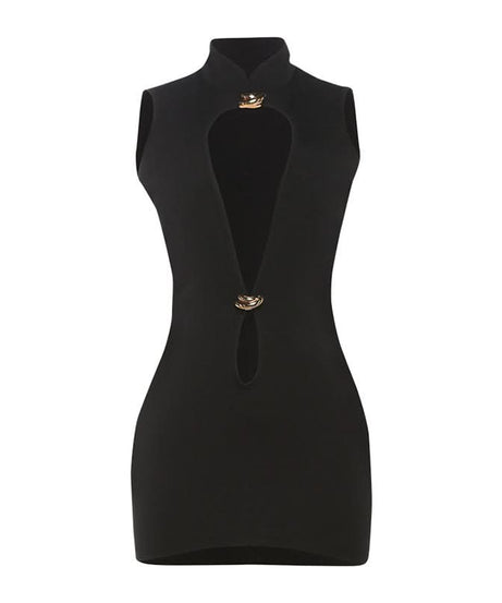 Chic Black Cut-Out Bodycon Mini Dress with Gold Accents | Fall & Holiday Party Ready